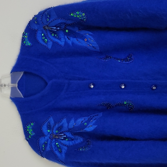Royal Blue Beaded & Sequins Angora Cardigan M - Picture 2 of 8